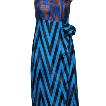 Diane von Furstenberg - Teal, Blue, Black, & Tan Polka Dot Print One Shoulder Dress Sz 8