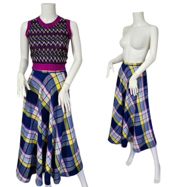 1970's Long Blue Yellow Plaid Maxi Skirt I Sz Sm I Russ Girl 