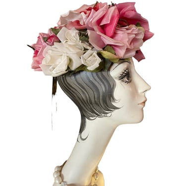 1950s floral hat, sally victor, vintage 50s hat, huge roses, pink and white, mrs maisel, statement, easter 