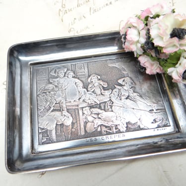 1900's French Les Crepes by R Wicker, Antique Engraved Silver Plate on Copper Tray 