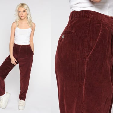 Pleated Corduroy Pants Y2k High Waisted Trousers Reddish Brown Tapered Pants Retro Straight Preppy Cords Basic Hipster Vintage 00s Medium 29 