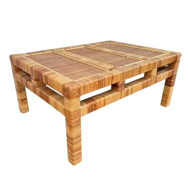 Rattan Coffee Table - Vintage Rectangular Coastal Boho Chic Hollywood Regency Bamboo Style Furniture 