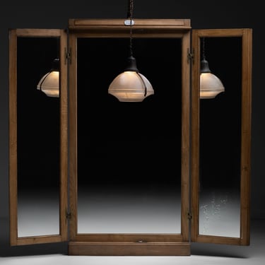 Large Holophane Pendant / Oak Cabinet Triptych Mirror