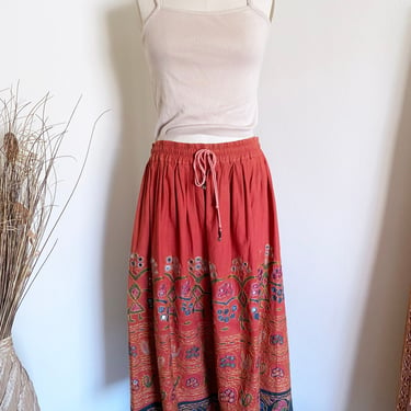 Vintage Indian Cotton Skirt, High Waisted, Embroidered, Mirrors, L XL 