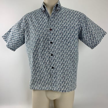 1960's Shirt - All Cotton - FINK Label - Tiny Blue & White Geometics with Little Hibiscus Flowers - Patch Pocket - Men's Medium to Large 