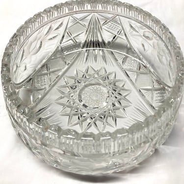 Exquisite clear serving bowl 8.5” Inch Lead Crystal Bowl~ Etched Carved Flowers, Hobstar, Crosshatching, with Square Saw Tooth Rim~ 