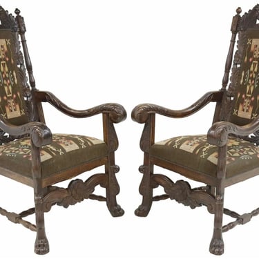 Handsome Antique Armchairs, HIghback, (2) Continental Carved Oak, Crest, Paw Feet, 1800s, 19th Century!