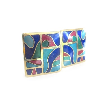 Samuel Huang Cloisonné Enamel Earrings, Blue and Aqua Geometric Design Clip On Earrings, 80s Signed Costume Jewelry, Collectible Vintage 