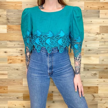 Designer Digna Yero Teal Linen Embroidered Lace Blouse 