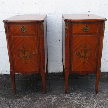 French Tall Inlay Pained Nightstands End Side Bedside Tables a Pair 2974