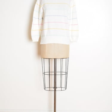 vintage 80s sweater white pastel rainbow stripe jumper top shirt M L cotton clothing 