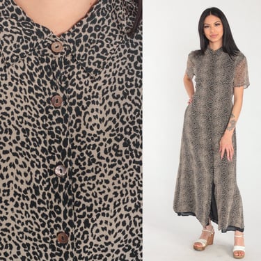 Silk Leopard Dress Y2K Button Up Maxi Dress Ankle Length Leopard Print Short Sheer Sleeve Collared Shirtdress Retro Day Vintage 00s Large 14 