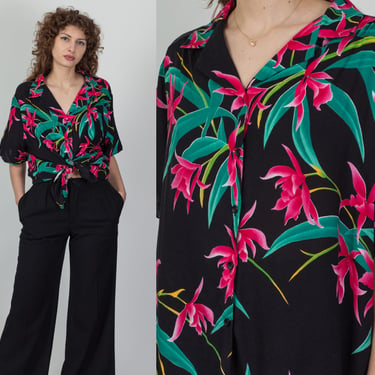 80s Hawaiian Rayon Aloha Shirt - 2XL | Vintage Tropical Floral Print Short Sleeve Button Up Tourist Top 