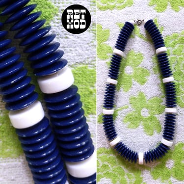 Slinky Funky Vintage 80s Navy Blue & White Disc Beads Statement Necklace 