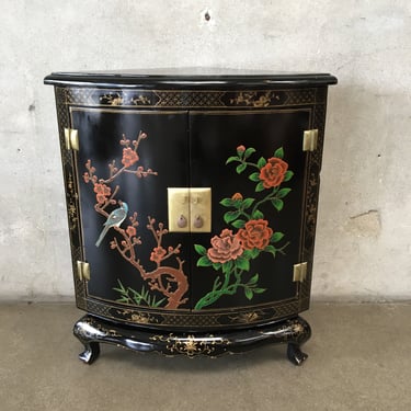 1950's Vintage Eastern Asian Hand-Painted Black Lacquer Corner Cabinet