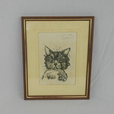Original 1971 Drawing of a Cat with an Attitude - Black and Cream - Framed and Matted - Signed - Vintage 1970s 
