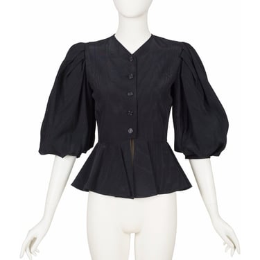 Jean Muir 1980s Vintage Black Moiré Puff Sleeve Peplum Jacket Sz XS 