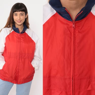 90s Windbreaker -- Red White Pullover Jacket Full Zip Color Block Raglan Sleeve Athletic Sportswear Navy Blue Collar Vintage 1990s Large L 