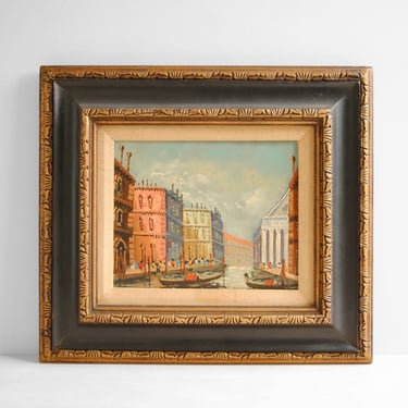 Vintage Venice Italy Painting, Framed Original Oil Painting of a Venice Canal with Gondolas 