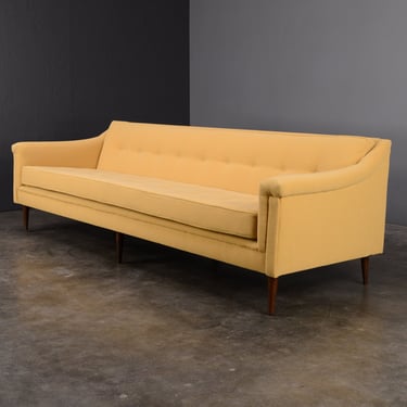 8ft Newly Upholstered 1960's MCM Sofa Couch in Butter Yellow Wool Fabric 