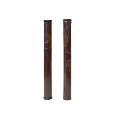 2 x Chinese Bamboo / Wood Carving Tube Incense Holder Display Art ws3179E 