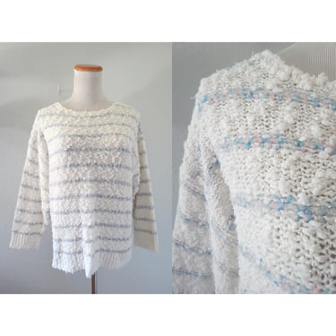 Vintage Pastel Sweater - Chunky Striped Knit Pullover - 80s Slouchy Sweater with Metallic Lurex Sparkle - Size Medium 