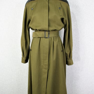 1980s - Guy Laroche - Wool Coat Dress - Leather Shoulder -  Military - Minimal - Couture - Paris - Marked French 32 