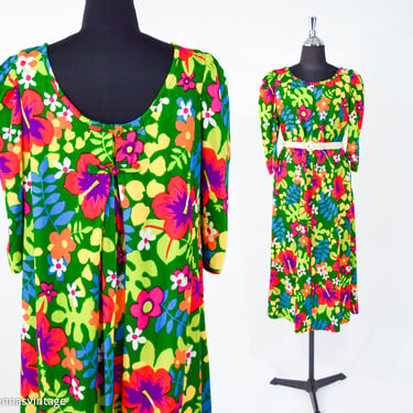 1960s Green Floral Tent Dress  | 60s Floral Print Shift | Richard Douglas Honolulu | Large 