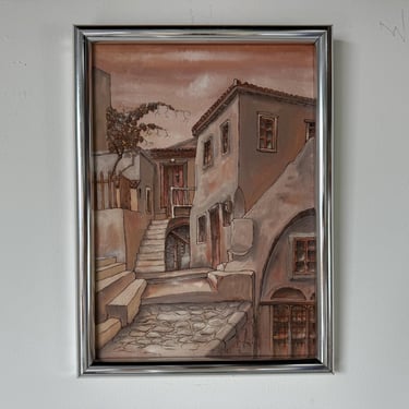 1971 Hydra Rustic Village  Landscape  Painting, Framed 