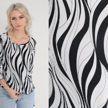 Black and White Top Y2k Abstract Pleated Blouse Zebra Print Shirt 3/4 sleeve Retro Bohemian Hippie Statement Top Vintage 00s Medium Large 