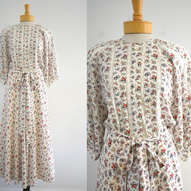 1970s/80s NOS Albert Nipon Silk Floral Dress with Lace Trim 