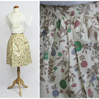 Vintage 40's 50's Handmade Pale Yellow Floral Cotton Skirt with Tulle Full Sweep Skirt 