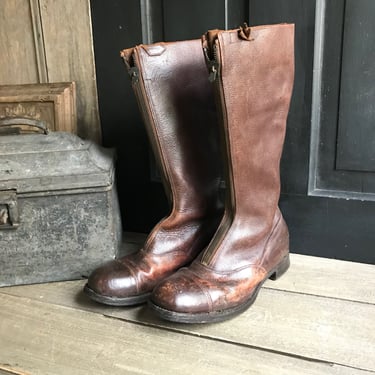 Mens Leather Field Boots, English Equestrian Riding Boots, Zipper Closure, WW2, 1940s 