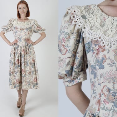 Jessica McClintock Garden Lace Collar Midi Dress, Cream Paisley Print Gunne Sax Frock, Vintage 80s Victorian Style Outfit 