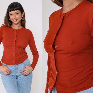 Morgan De Toi Blouse Y2k Rust Orange Button Up Shirt Plain Simple Long Sleeve Collarless Top Fitted Basic Vintage 00s Extra Small xs 