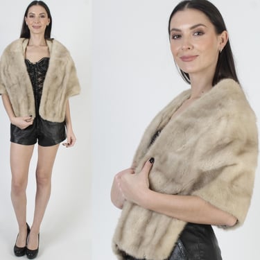 Natural Platinum Mink Fur Bolero, Real Portrait Collar Wrap, Vintage 60s MOTB Stole With Pockets 