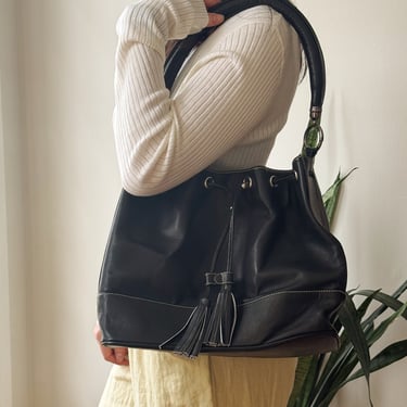 Black Leather Drawstring Bucket Bag