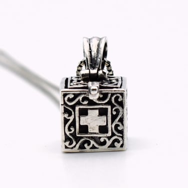 80's Faith Hope Charity 925 silver prayer box pendant, sterling vines square cross wish box necklace 