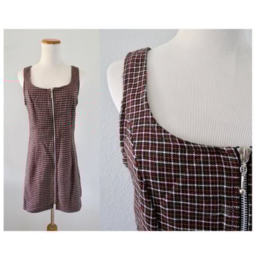 Vintage Red Plaid Mini Dress - 90 Zip Front Sleeveless Jumper by All That Jazz - Size Small 