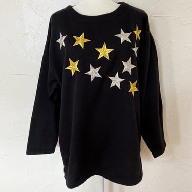 80s Deadstock Black Sweatshirt with Gold Silver Stars | Large/Extra Large 