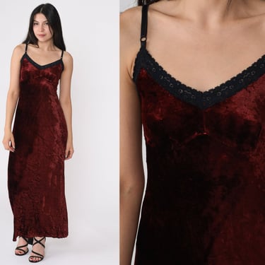 Long Velvet Dress 90s Wine Maxi Empire Waist Going Out Lace Trim Maroon Party Grunge Gothic Spaghetti Strap Vintage 1990s Witch Small xs 