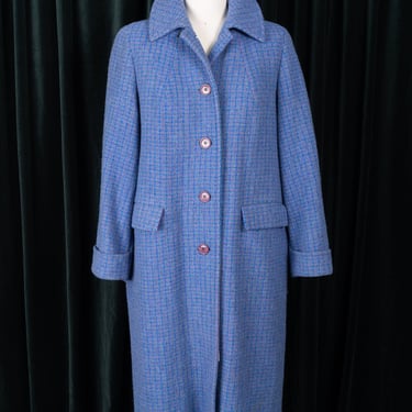 1950s Harris Tweed Cornflower Blue / Lavender Scottish Wool Satin-Lined Overcoat 