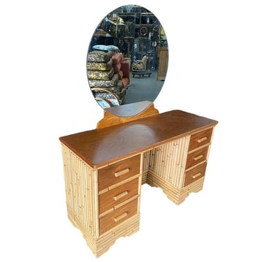 Restored Early Mid-century Stacked Rattan & Mahogany Vanity w/ Round Mirror 