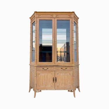 Vintage Chinoiserie China Cabinet by Century with Faux Bamboo, Greek Key, Mirror & Fretwork - Hollywood Regency Lighted Wood Curio Hutch 