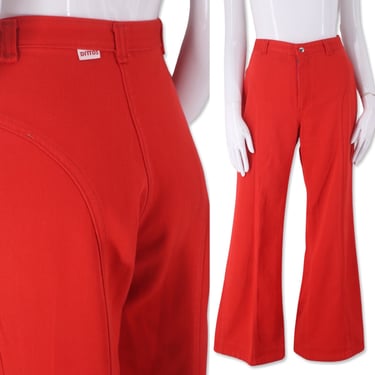 70s DITTOS saddle stitched bell bottoms 26, vintage 1970s red twill flares, 70s bells pants jeans 6-8 