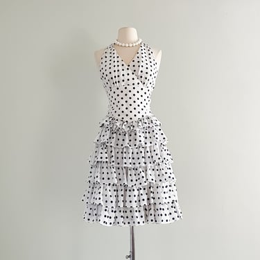 1970's Navy Blue and White Cotton Polka Dot Party Dress / Sz S
