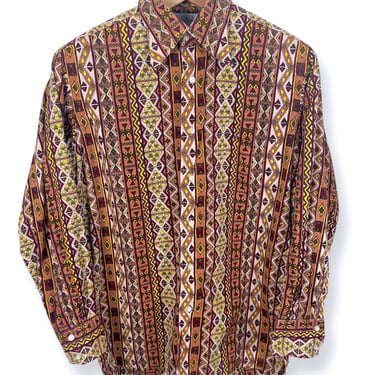 Vintage 1960s JORDAN MARSH Button-Up Spearpoint Collar Shirt ~ M ~ 100% Cotton ~ Border / Batik Print 
