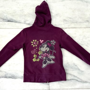 Y2K Minnie Mouse Walt Disney World Hoodie Purple Distressed Grunge Full Zip Womens Small 