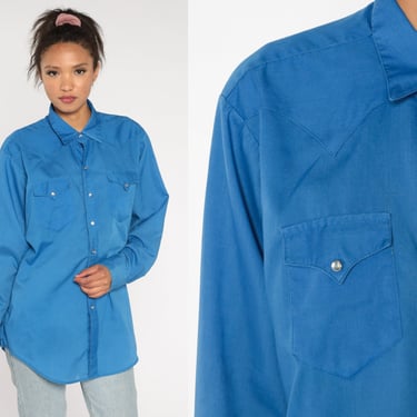 Pearl Snap Shirt 70s 80s Blue Western Shirt Long Sleeve Vintage Button Up Retro Plain Rodeo Cowboy Shirt Men's 17 35 Large 