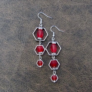 Long sea glass earrings, bohemian beach earrings, bold earrings, boho earrings, red dangle earrings, geometric hexagon earrings, artisan 